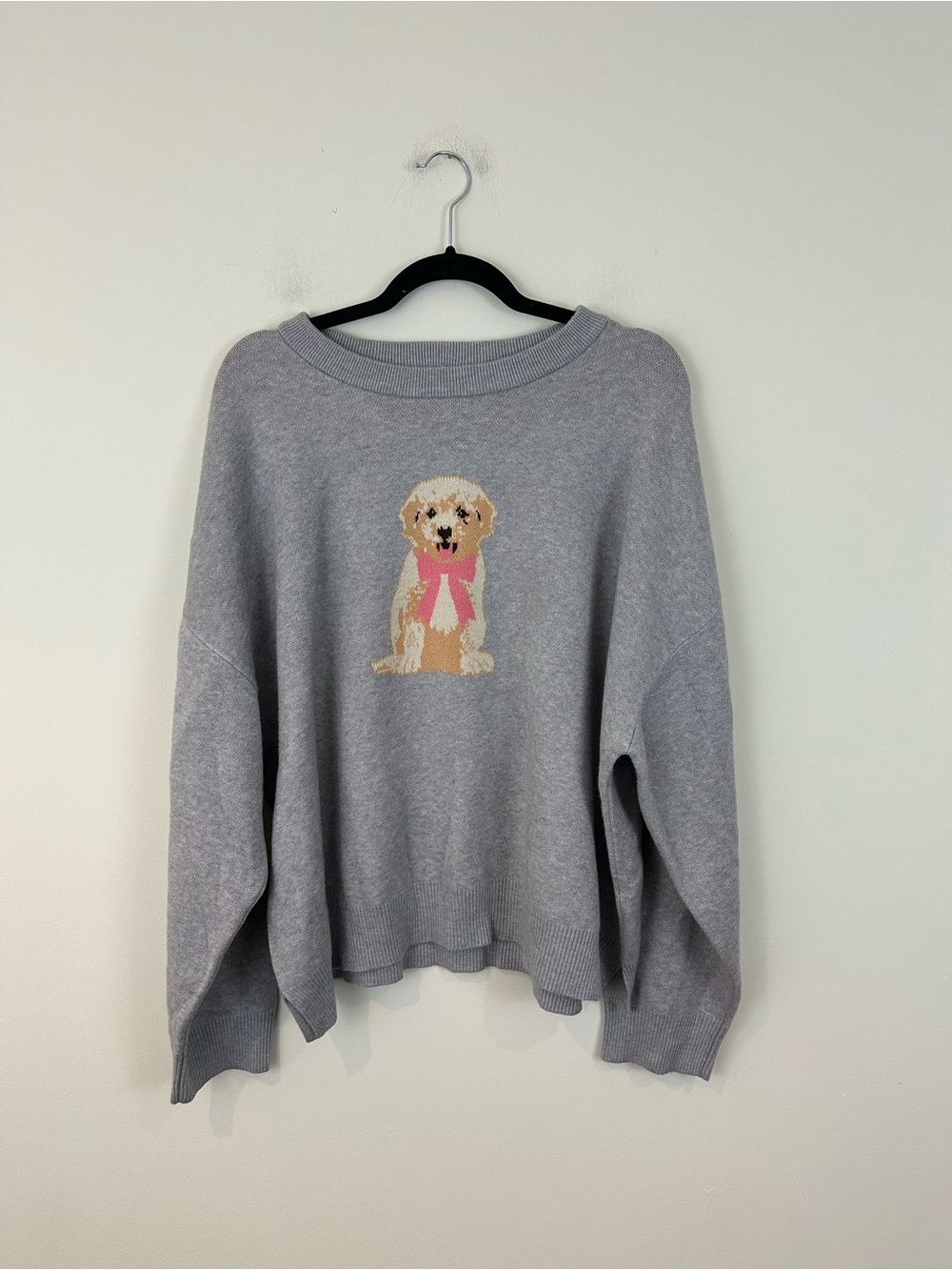 Orange Kiss Gray Women's Pullover Sweater with Puppy with Pink Bow Size 3X